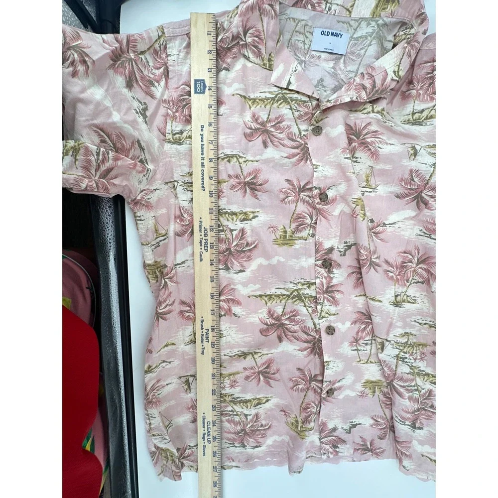 Old Navy Mens Large Pink Tropical Palm Tree Camp Shirt Short Sleeve Button Down